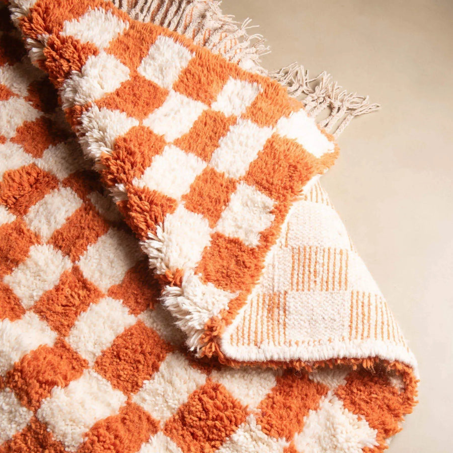Moroccan checkered orange rug, Authentic berber Rug - 33bohemian