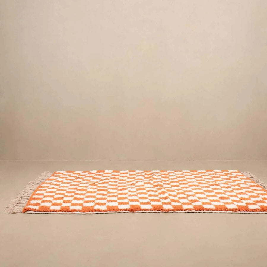 Moroccan checkered orange rug, Authentic berber Rug - 33bohemian