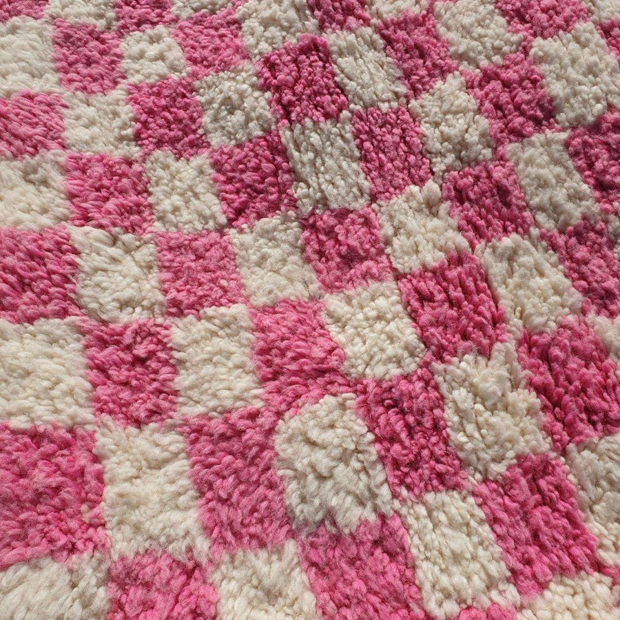 Pink Checkered Moroccan Rug: Hand-Knotted Wool Shaggy Area Rug
