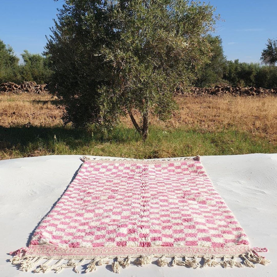 Pink Checkered Moroccan Rug: Hand-Knotted Wool Shaggy Area Rug