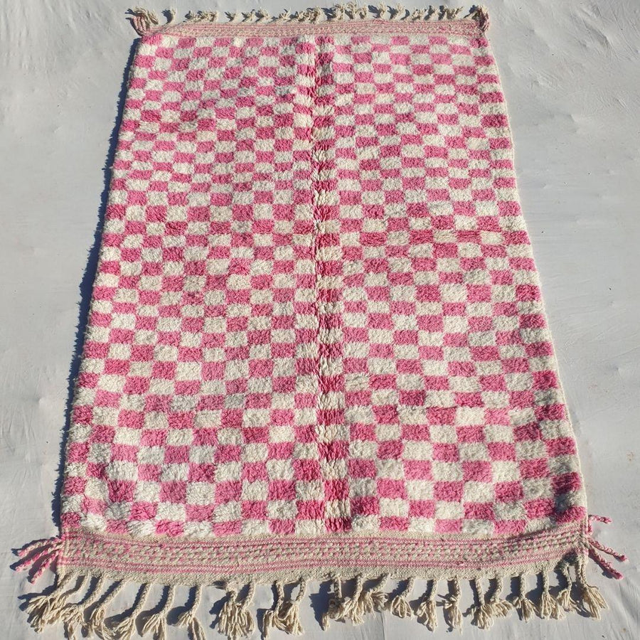 Pink Checkered Moroccan Rug: Hand-Knotted Wool Shaggy Area Rug