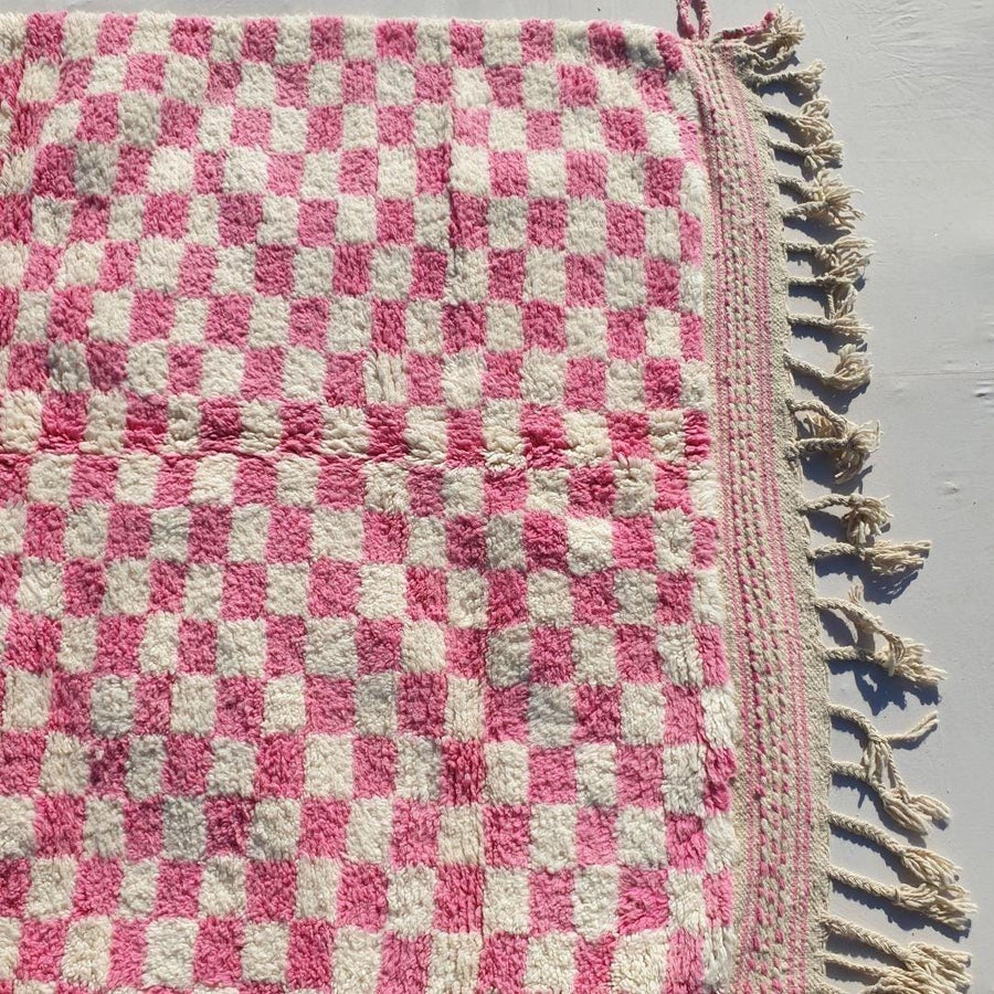 Pink Checkered Moroccan Rug: Hand-Knotted Wool Shaggy Area Rug