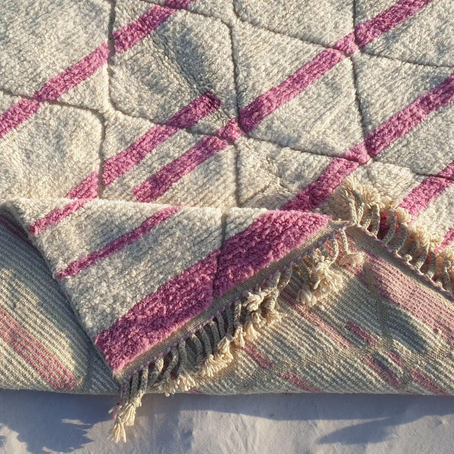 Handmade Beni Ouarain Rug: White and Pink Striped Moroccan Wool Rug