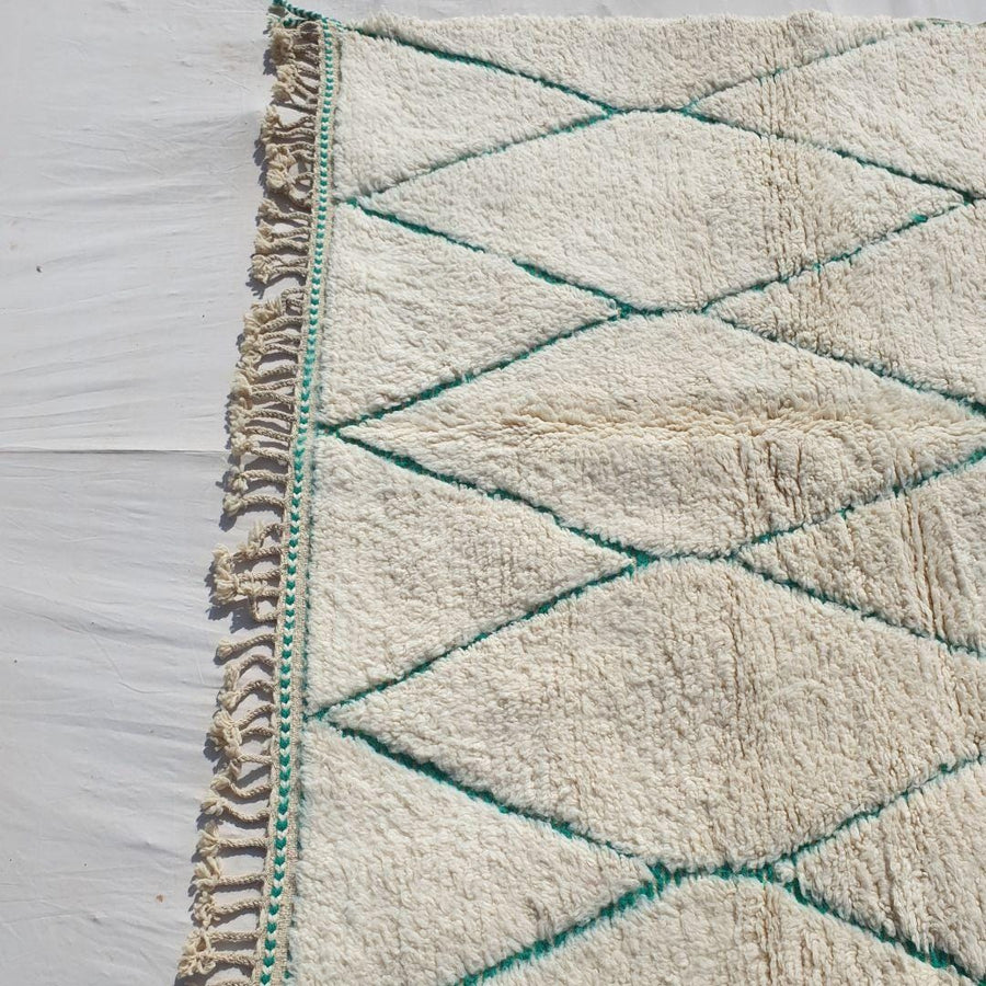 Custom Beni Ourain Rug: Hand-Knotted Green & White Moroccan Wool Carpet