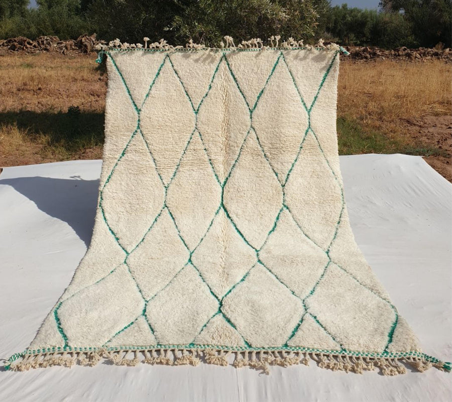 Custom Beni Ourain Rug: Hand-Knotted Green & White Moroccan Wool Carpet