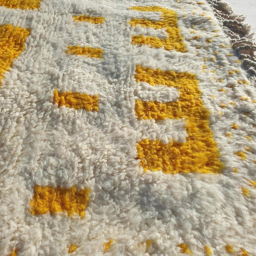 Handmade Yellow and White Wool Berber Rug: Moroccan Striped Carpet