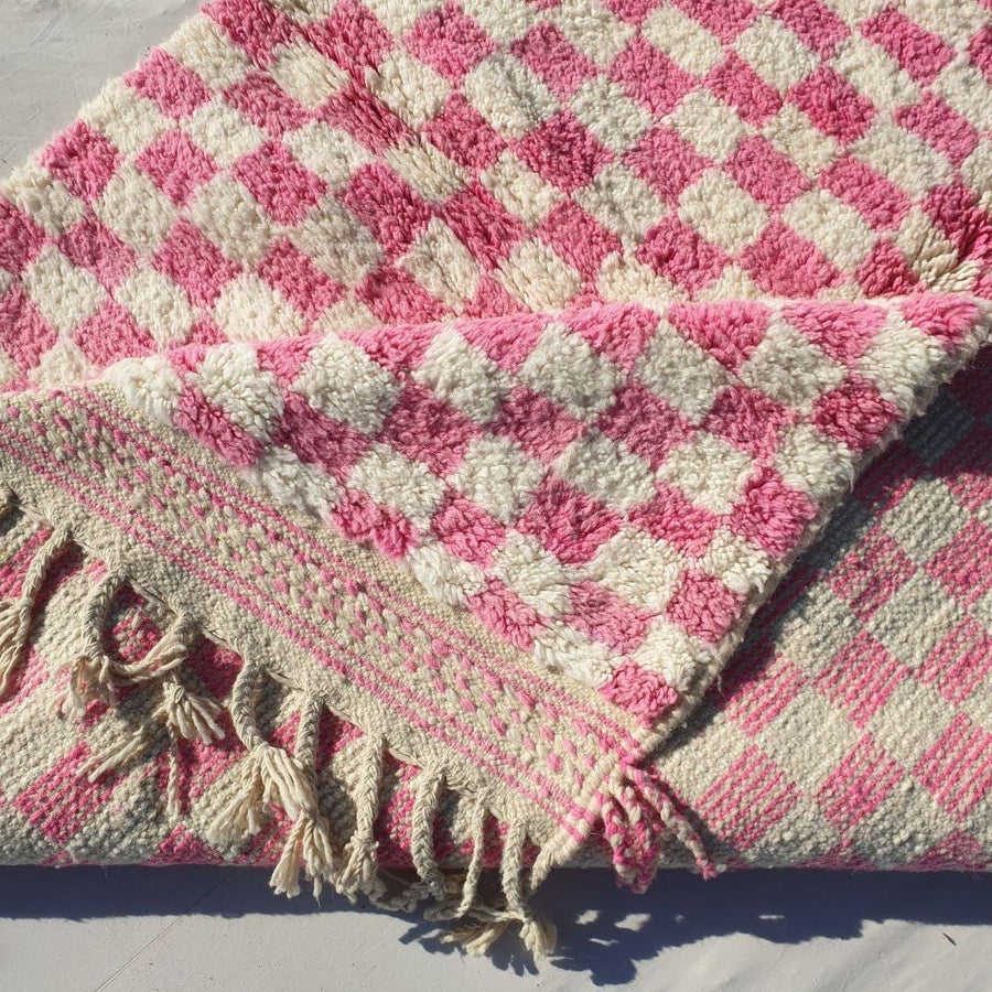 Pink Checkered Moroccan Rug: Hand-Knotted Wool Shaggy Area Rug