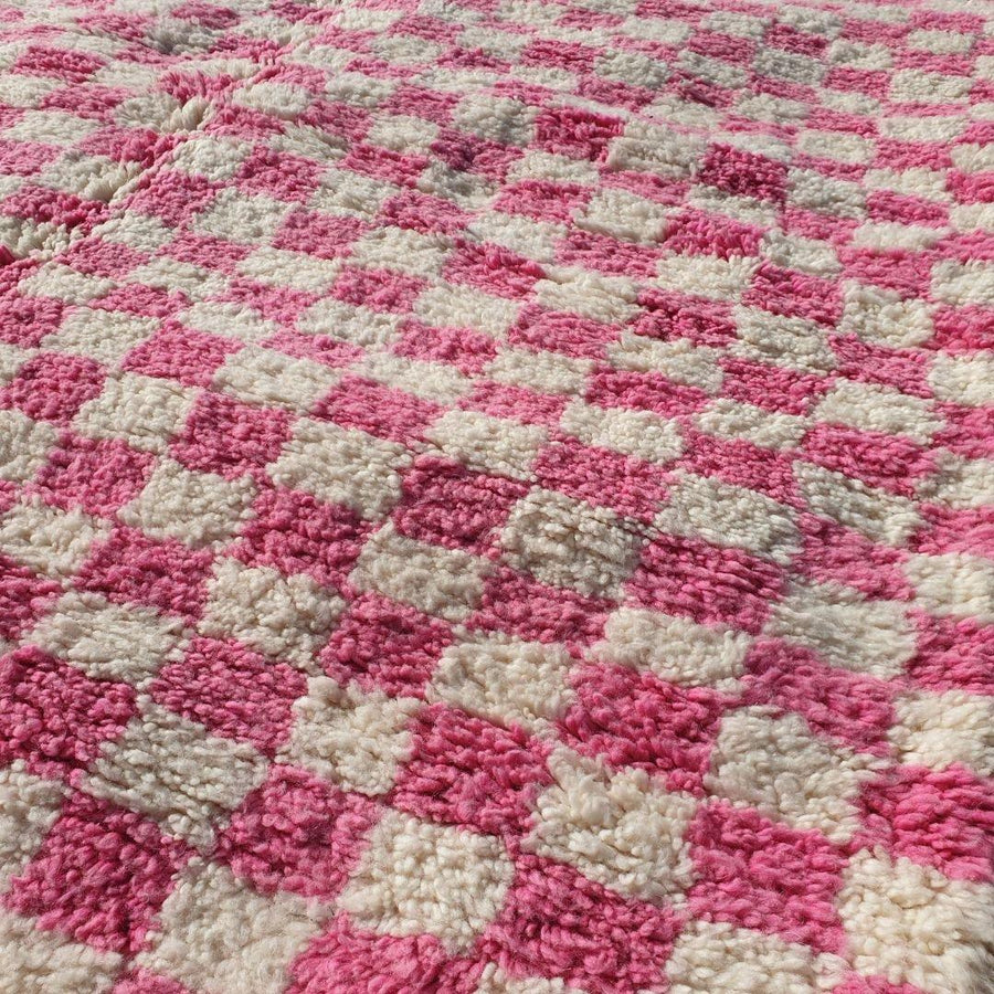 Pink Checkered Moroccan Rug: Hand-Knotted Wool Shaggy Area Rug
