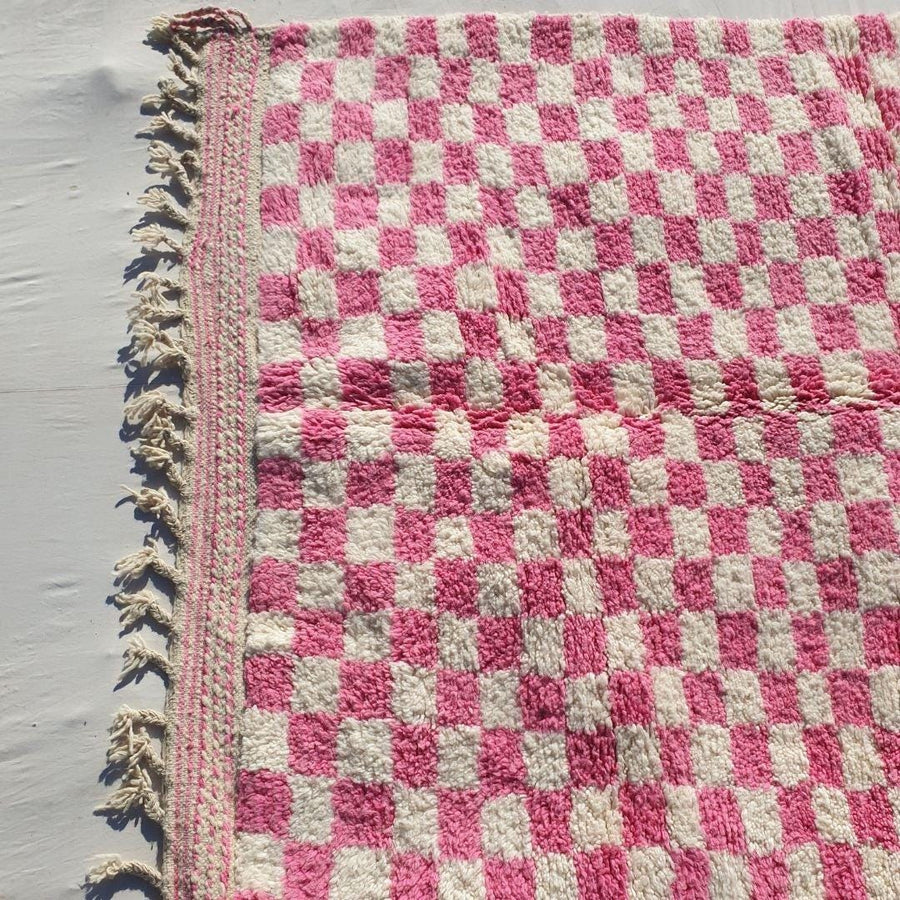Pink Checkered Moroccan Rug: Hand-Knotted Wool Shaggy Area Rug