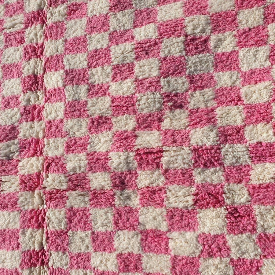 Pink Checkered Moroccan Rug: Hand-Knotted Wool Shaggy Area Rug
