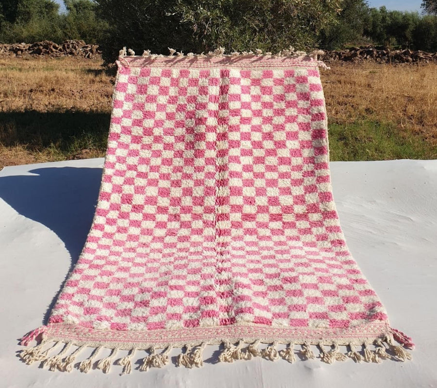 Pink Checkered Moroccan Rug: Hand-Knotted Wool Shaggy Area Rug