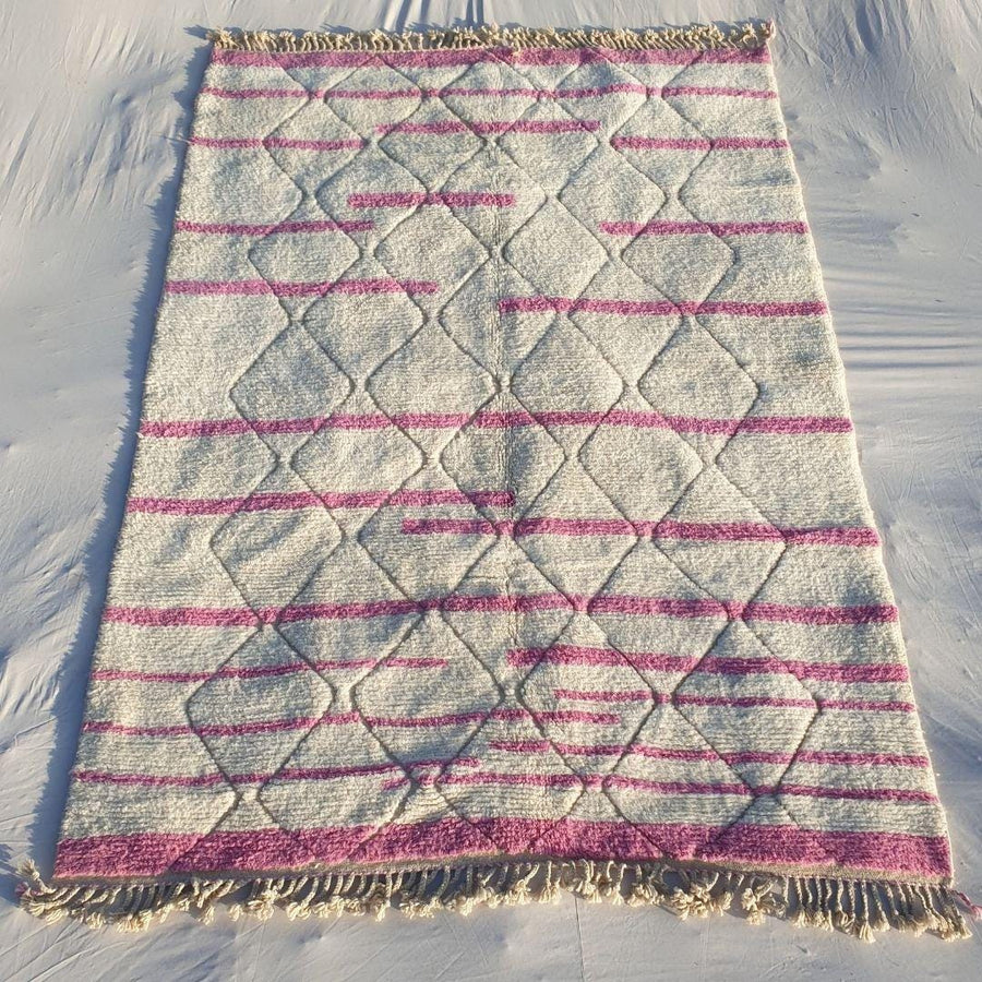 Handmade Beni Ouarain Rug: White and Pink Striped Moroccan Wool Rug
