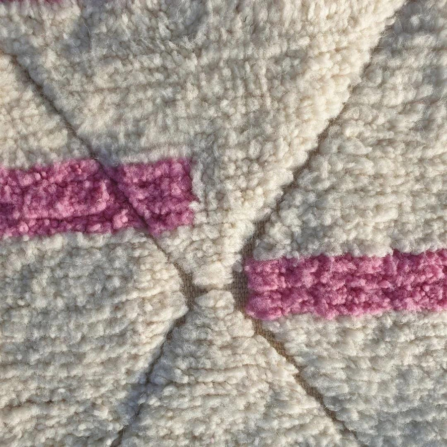 Handmade Beni Ouarain Rug: White and Pink Striped Moroccan Wool Rug