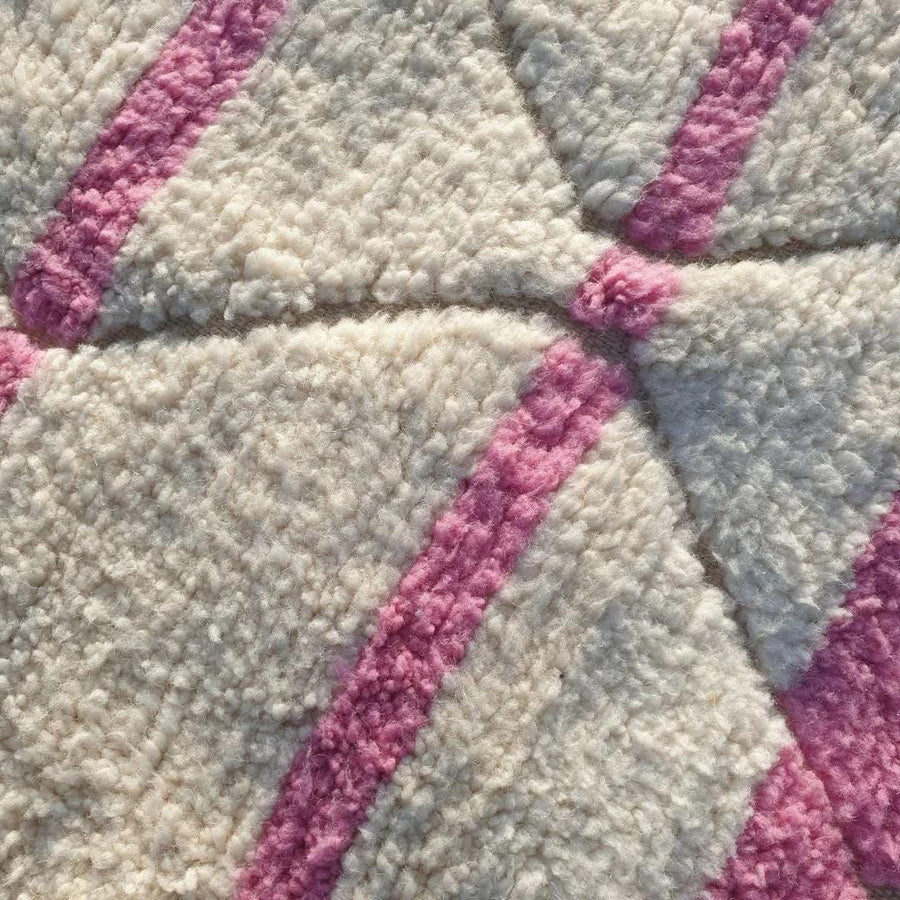 Handmade Beni Ouarain Rug: White and Pink Striped Moroccan Wool Rug