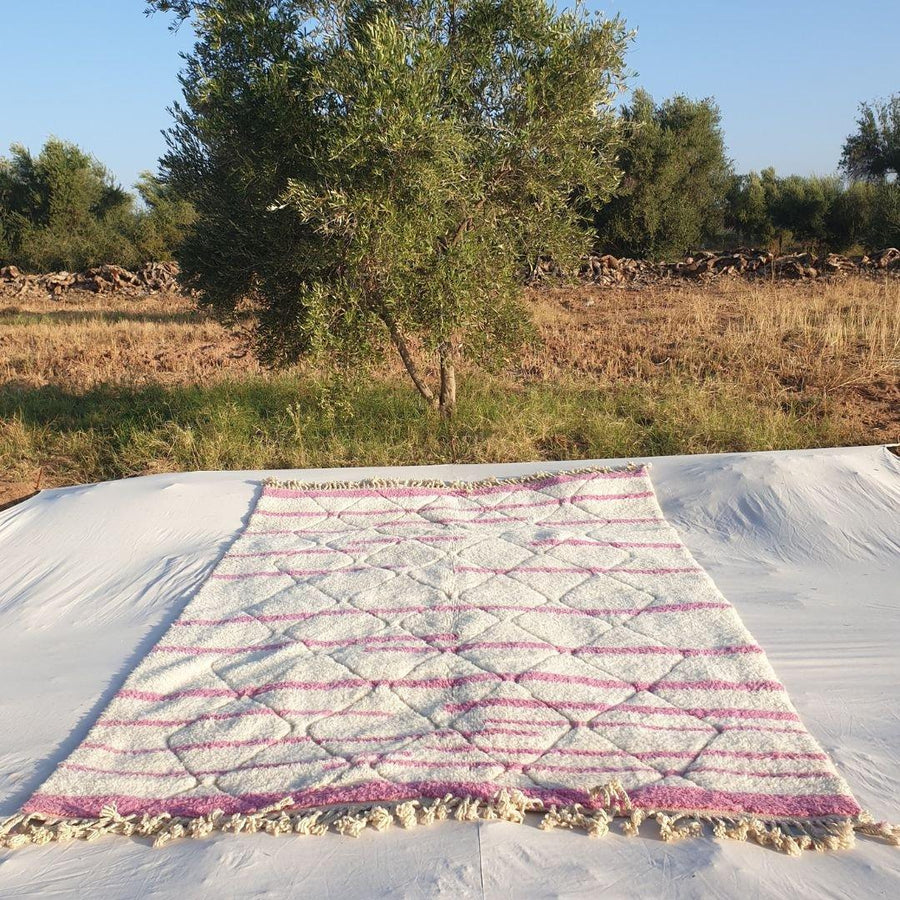 Handmade Beni Ouarain Rug: White and Pink Striped Moroccan Wool Rug
