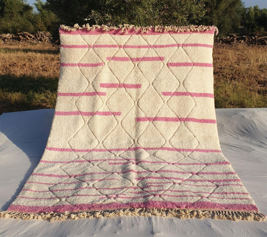 Handmade Beni Ouarain Rug: White and Pink Striped Moroccan Wool Rug