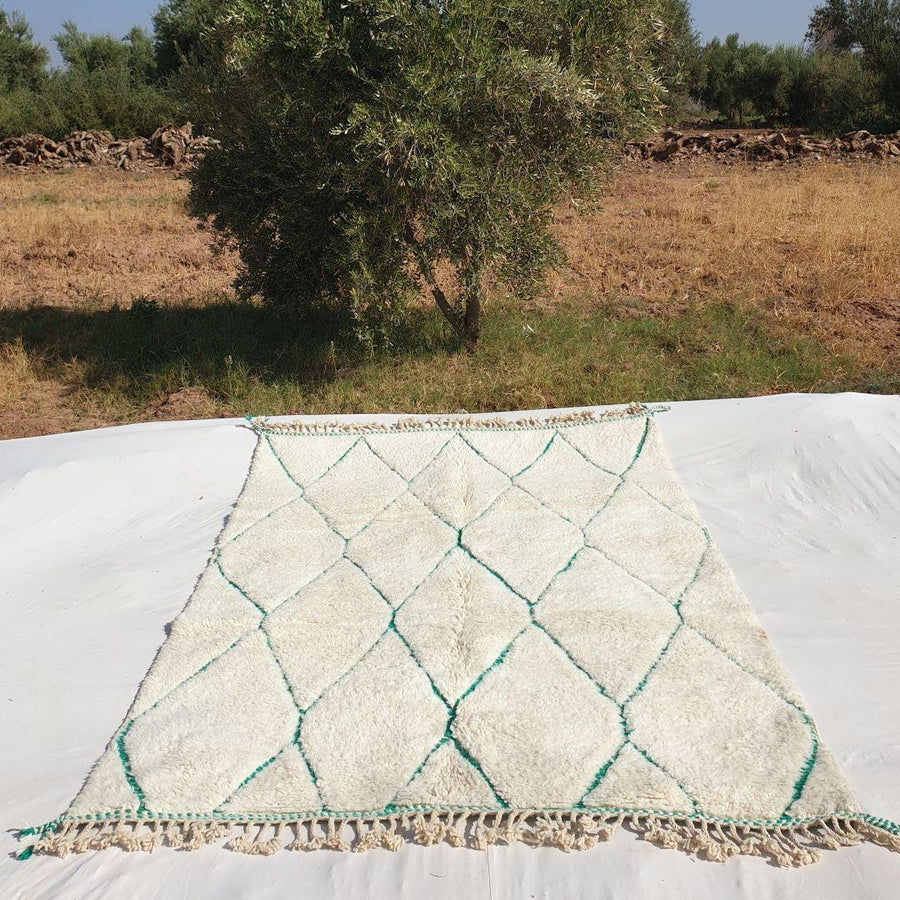 Custom Beni Ourain Rug: Hand-Knotted Green & White Moroccan Wool Carpet