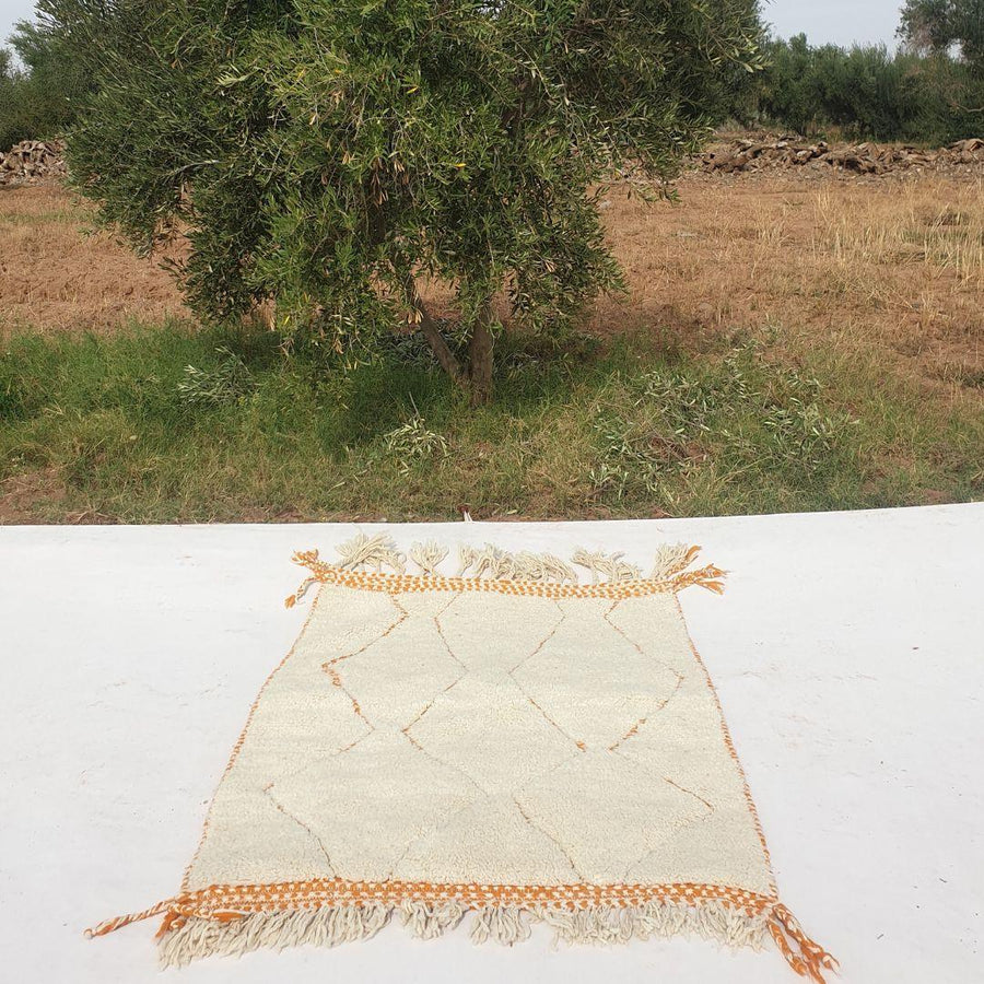 Handmade Beni Ourain Rug: Yellow White Moroccan Berber Carpet