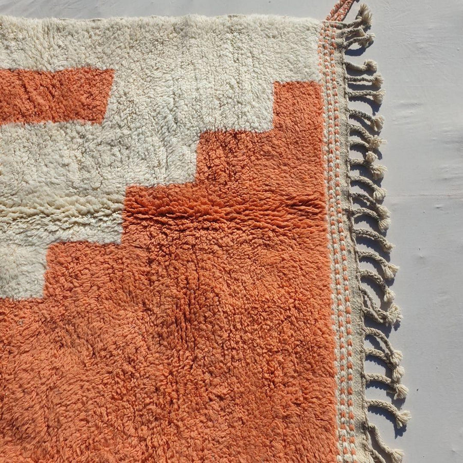 Hand-Knotted Boujaad Wool Rug: White & Orange Moroccan Design