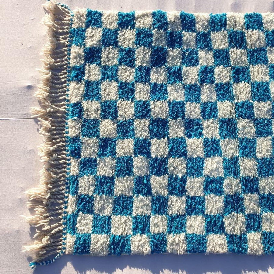 Blue Checkered Moroccan Rug: Handwoven Wool Checkerboard Boujaad Rug