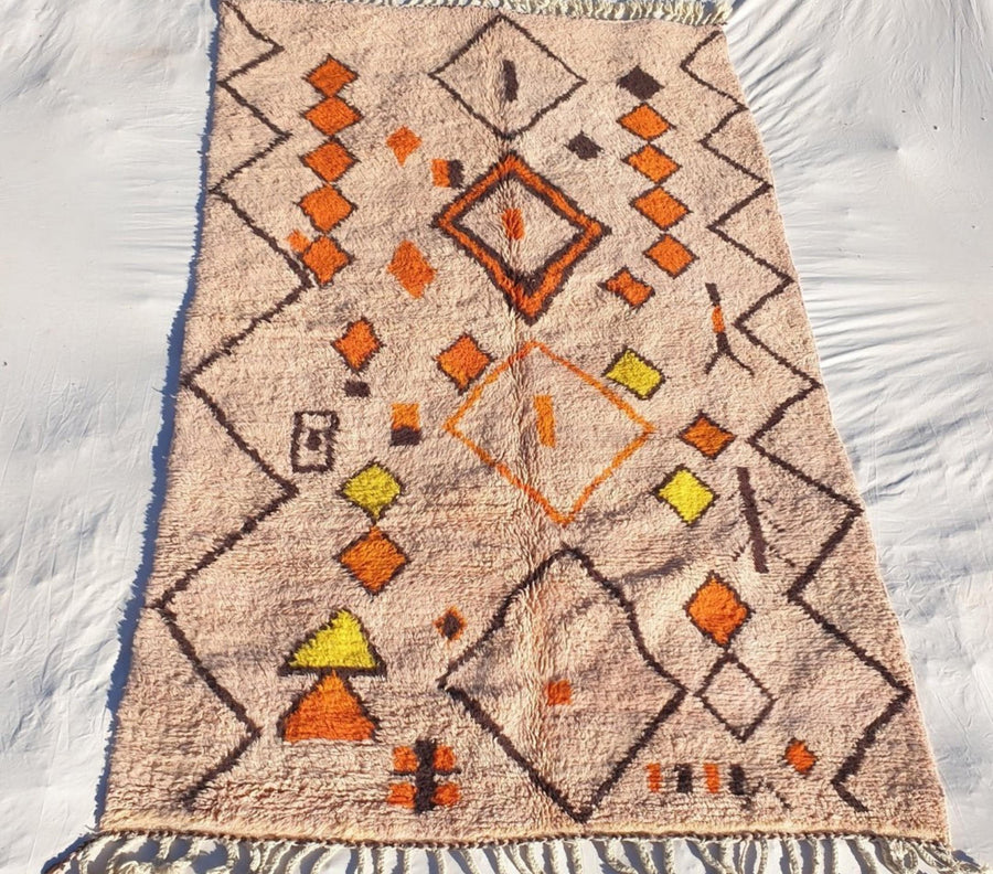 Peach Moroccan Wool Rug: Handcrafted Berber Grid Design, Boho Decor