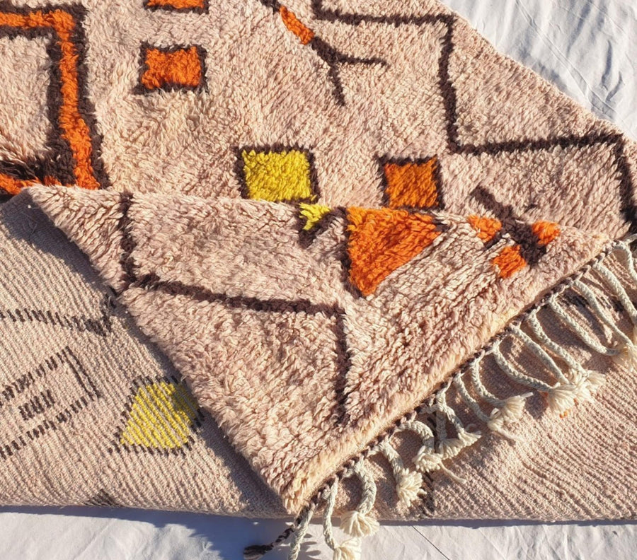 Peach Moroccan Wool Rug: Handcrafted Berber Grid Design, Boho Decor