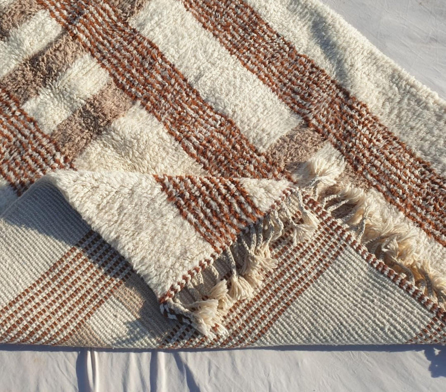 Handmade Beni Ourain Rug: White & Brown Moroccan Striped Wool Rug
