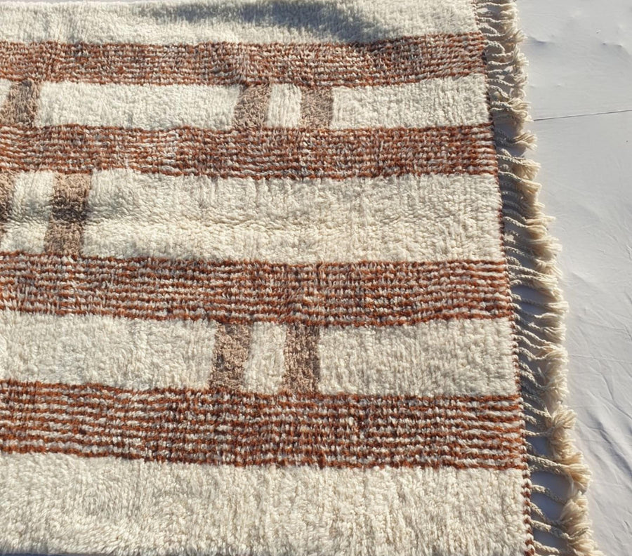 Handmade Beni Ourain Rug: White & Brown Moroccan Striped Wool Rug