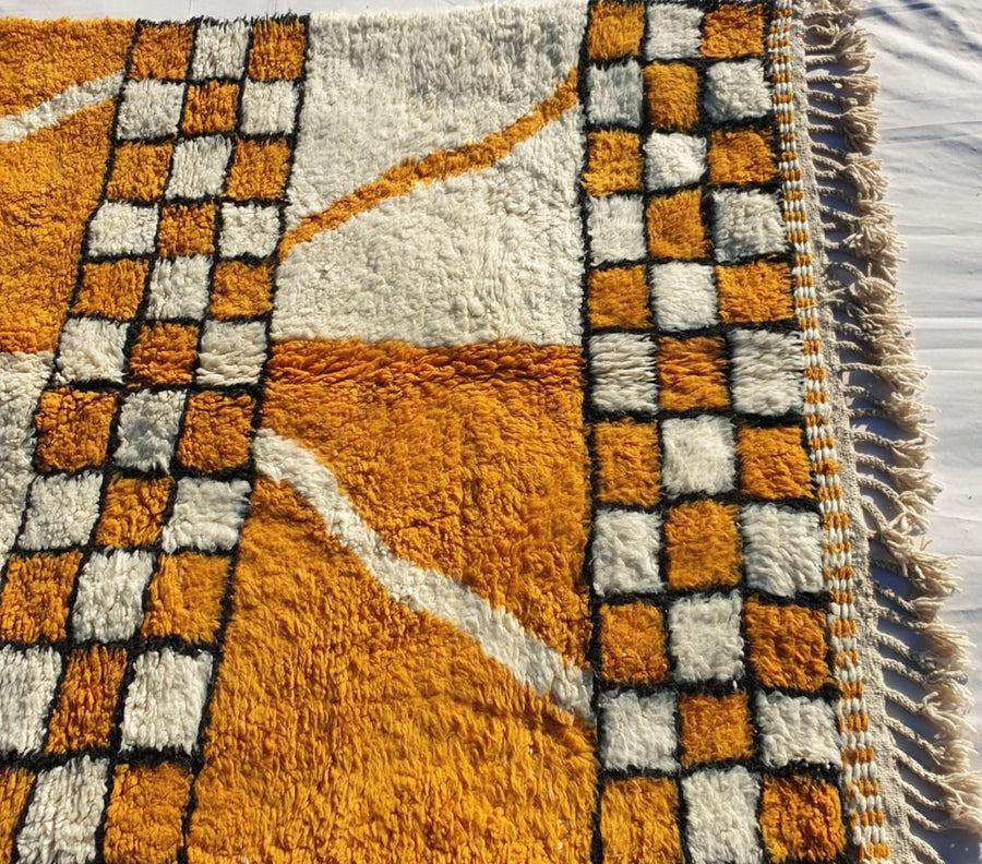 Yellow Checkered Moroccan Rug: Handwoven Berber Wool Area Rug