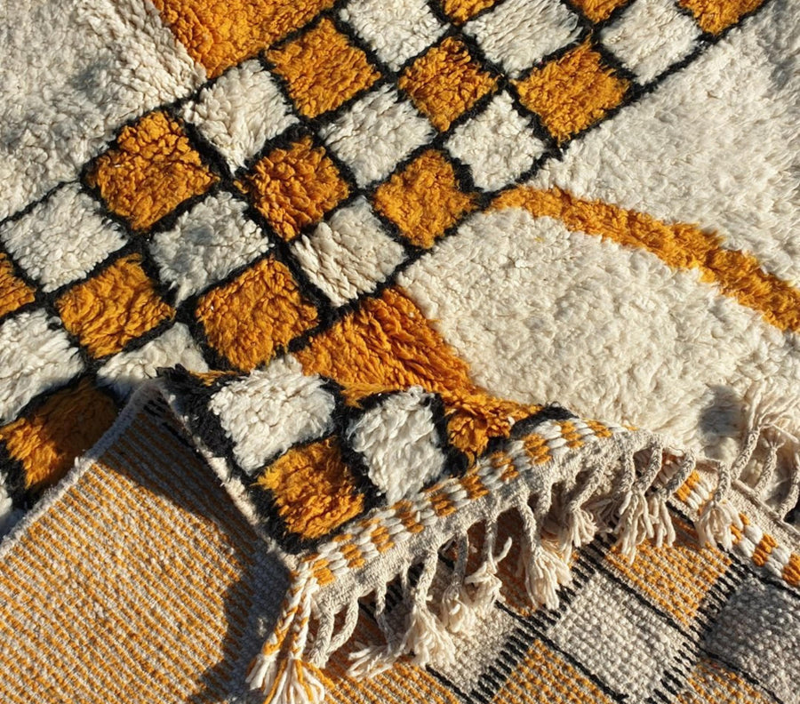 Yellow Checkered Moroccan Rug: Handwoven Berber Wool Area Rug