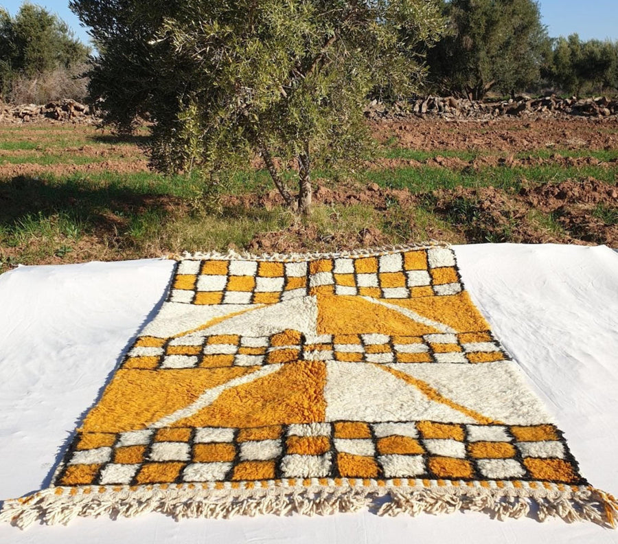 Yellow Checkered Moroccan Rug: Handwoven Berber Wool Area Rug