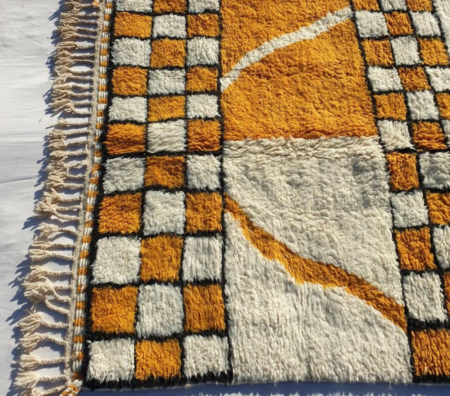 Yellow Checkered Moroccan Rug: Handwoven Berber Wool Area Rug