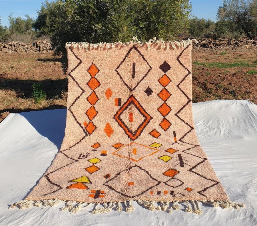 Peach Moroccan Wool Rug: Handcrafted Berber Grid Design, Boho Decor