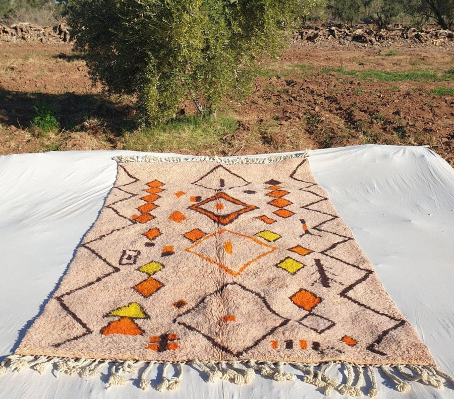 Peach Moroccan Wool Rug: Handcrafted Berber Grid Design, Boho Decor