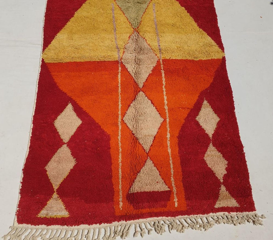 Handmade Wool Moroccan Rug: Red, Orange, and Yellow Boujaad Rug