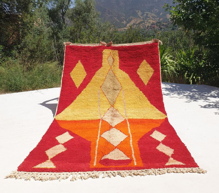 Handmade Wool Moroccan Rug: Red, Orange, and Yellow Boujaad Rug