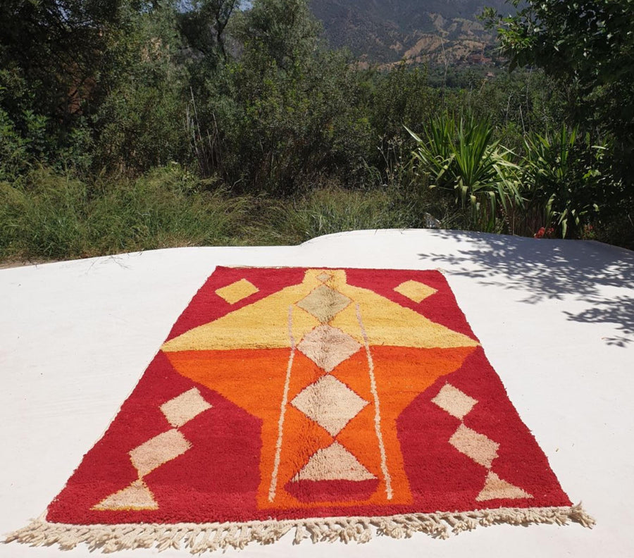 Handmade Wool Moroccan Rug: Red, Orange, and Yellow Boujaad Rug