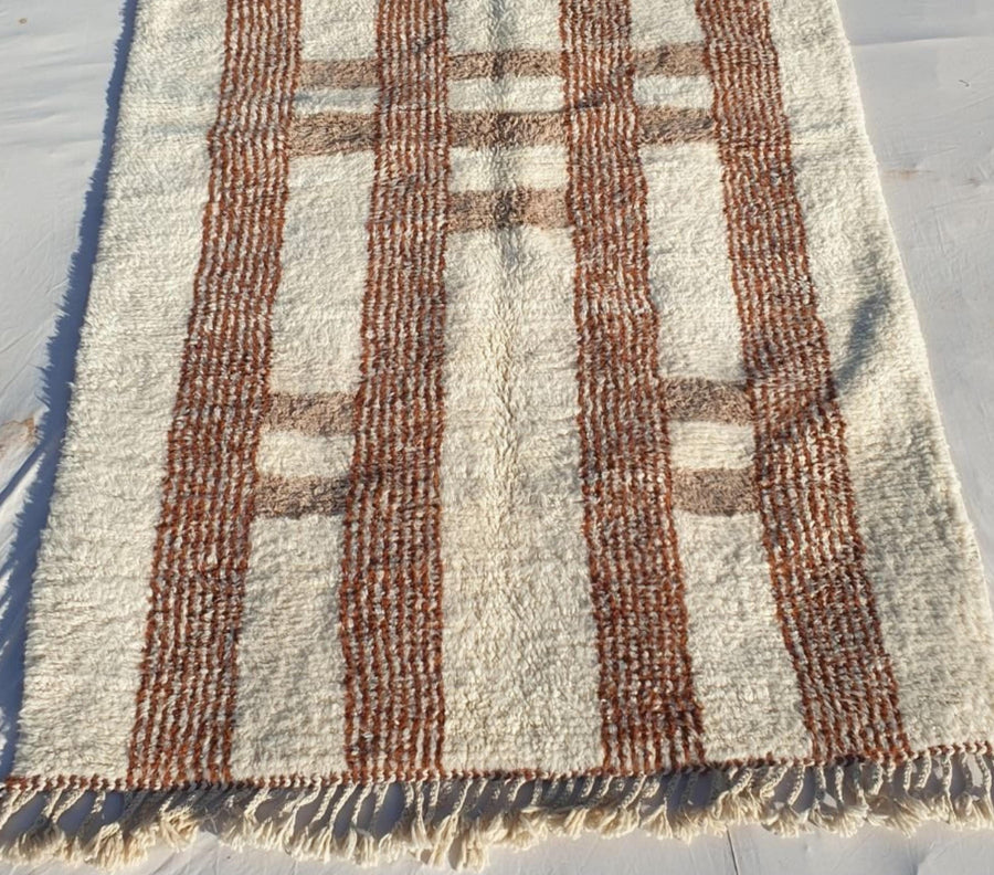 Handmade Beni Ourain Rug: White & Brown Moroccan Striped Wool Rug