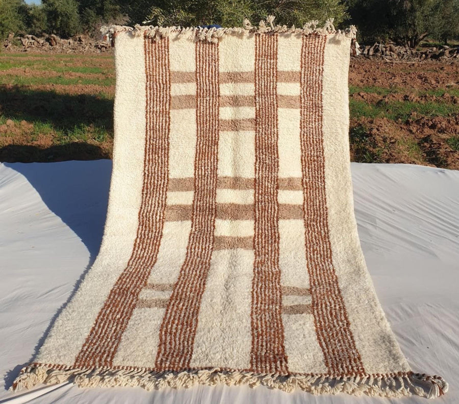 Handmade Beni Ourain Rug: White & Brown Moroccan Striped Wool Rug