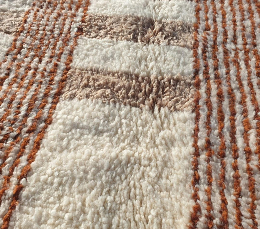 Handmade Beni Ourain Rug: White & Brown Moroccan Striped Wool Rug