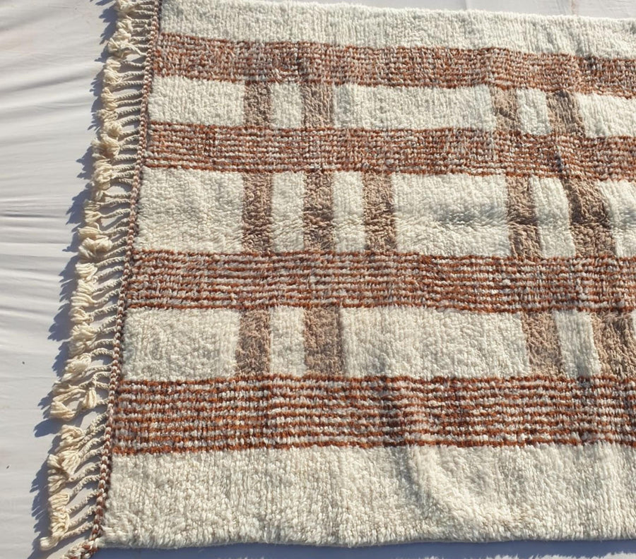 Handmade Beni Ourain Rug: White & Brown Moroccan Striped Wool Rug