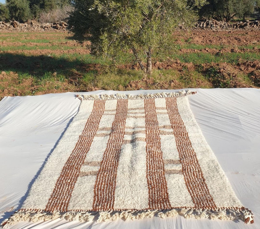 Handmade Beni Ourain Rug: White & Brown Moroccan Striped Wool Rug