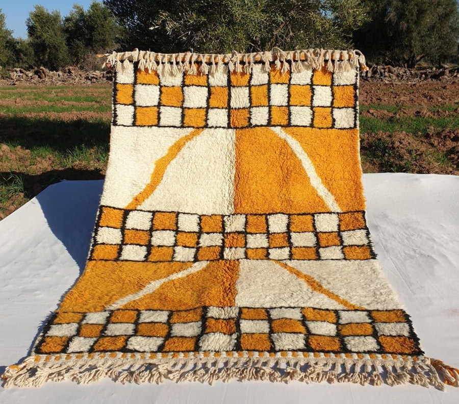 Yellow Checkered Moroccan Rug: Handwoven Berber Wool Area Rug