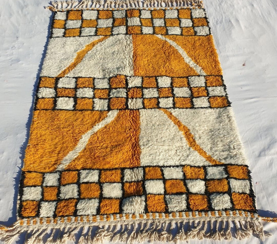 Yellow Checkered Moroccan Rug: Handwoven Berber Wool Area Rug