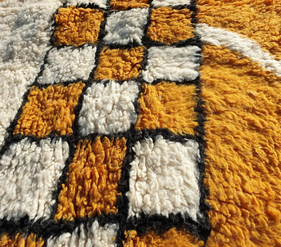 Yellow Checkered Moroccan Rug: Handwoven Berber Wool Area Rug