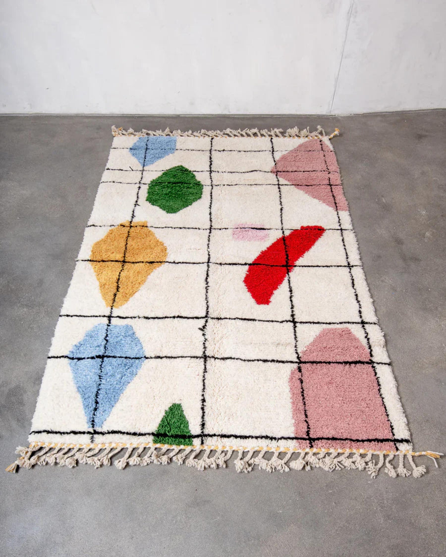 Handmade Black Grid Moroccan Rug: Creamy Wool Beni Ourain Style