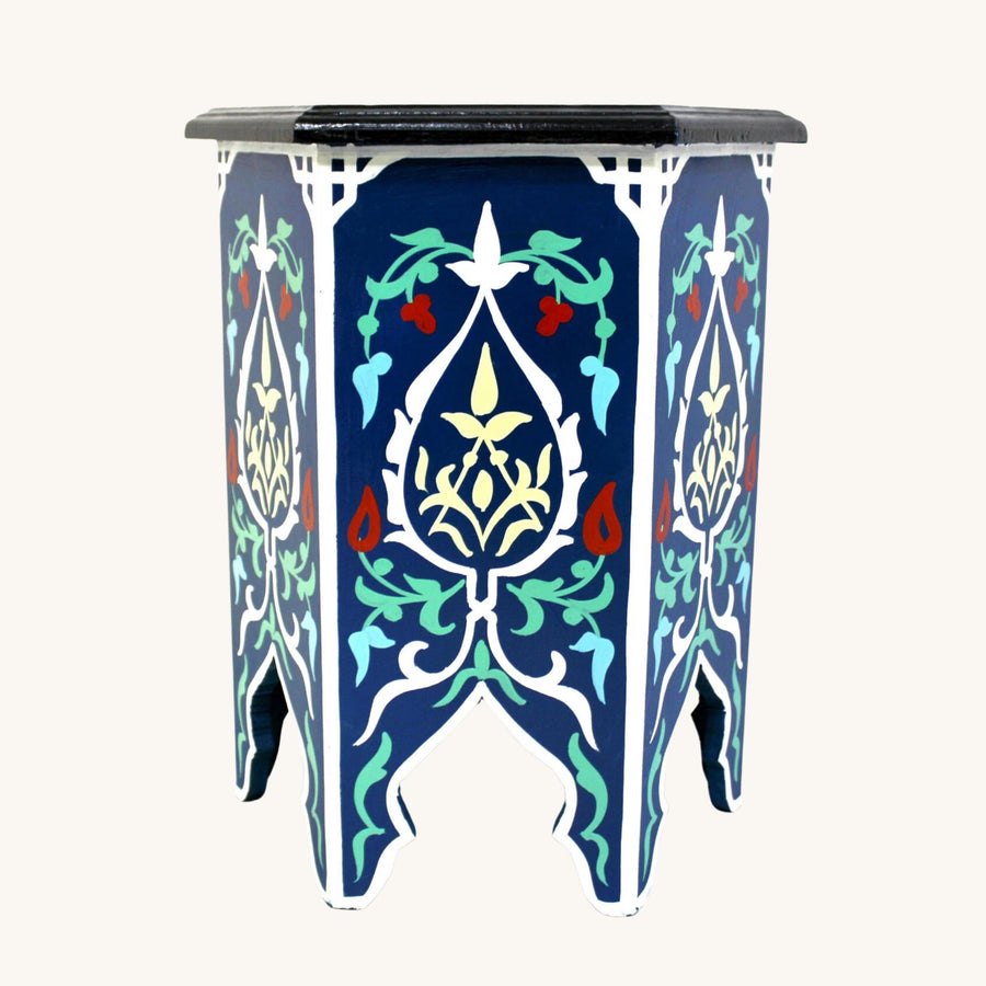 Handpainted Moroccan Coffee Table: Blue Round Wooden Accent Table