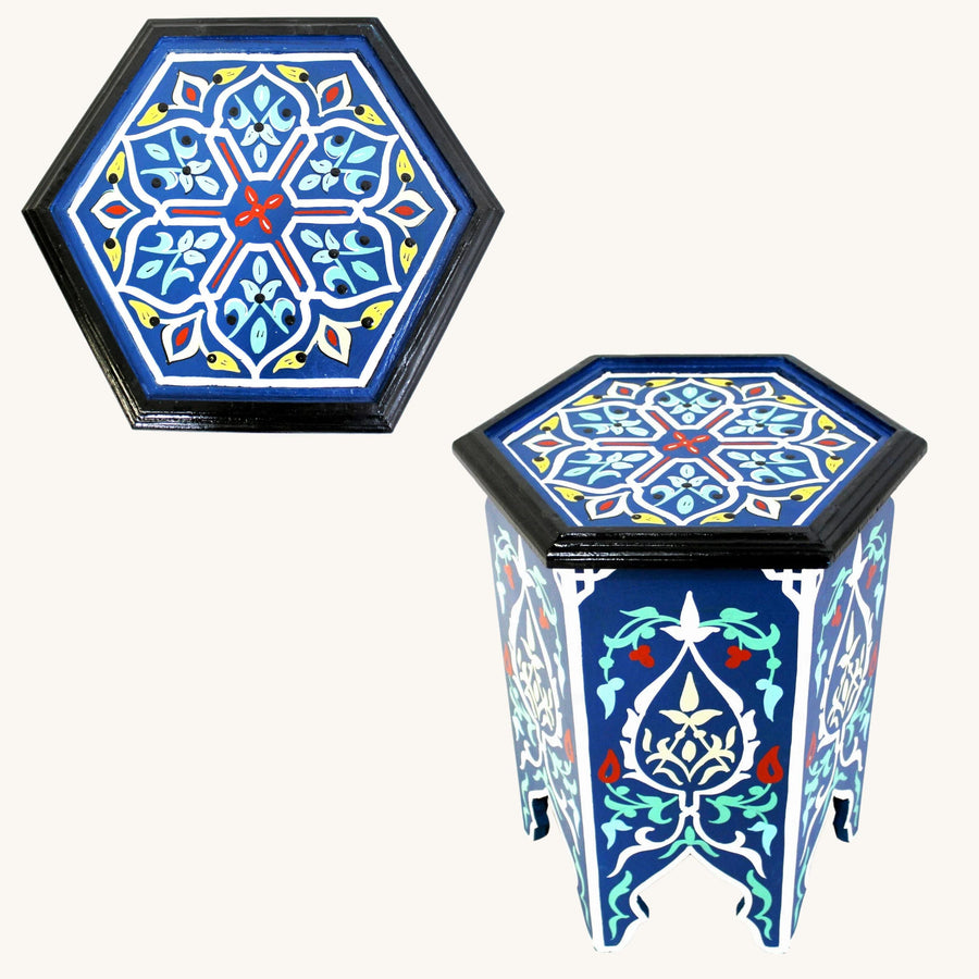 Handpainted Moroccan Coffee Table: Blue Round Wooden Accent Table