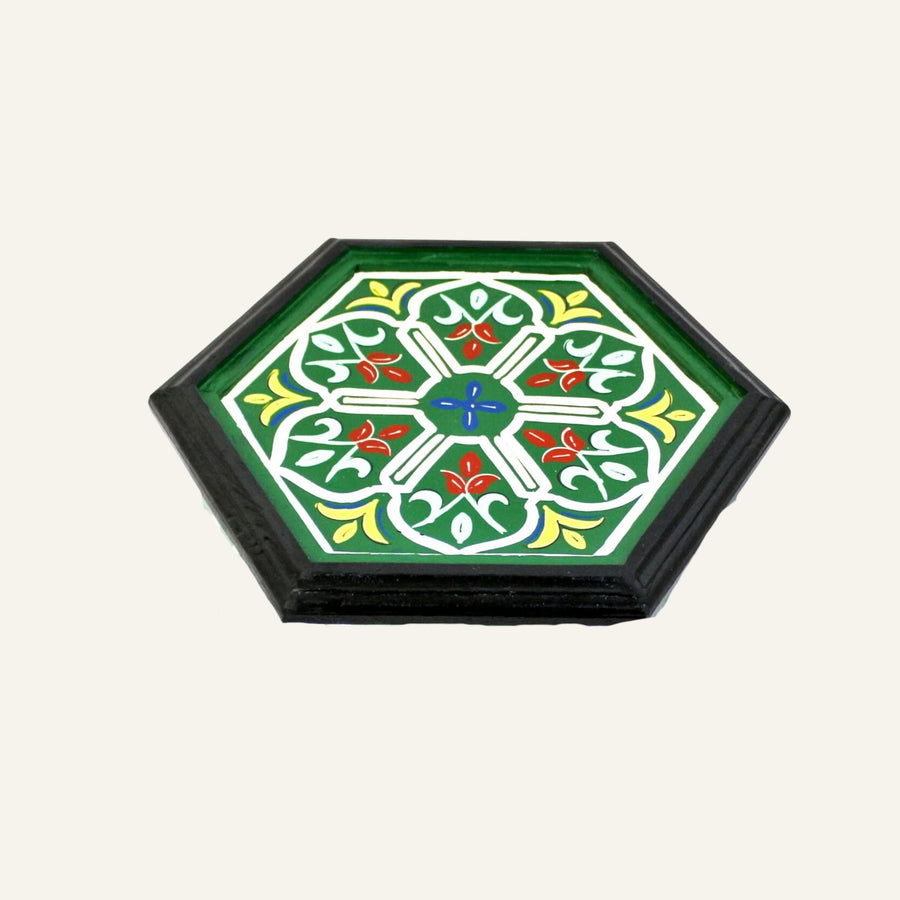 Hand-Painted Moroccan Side Table: Green Round Wood Accent Table