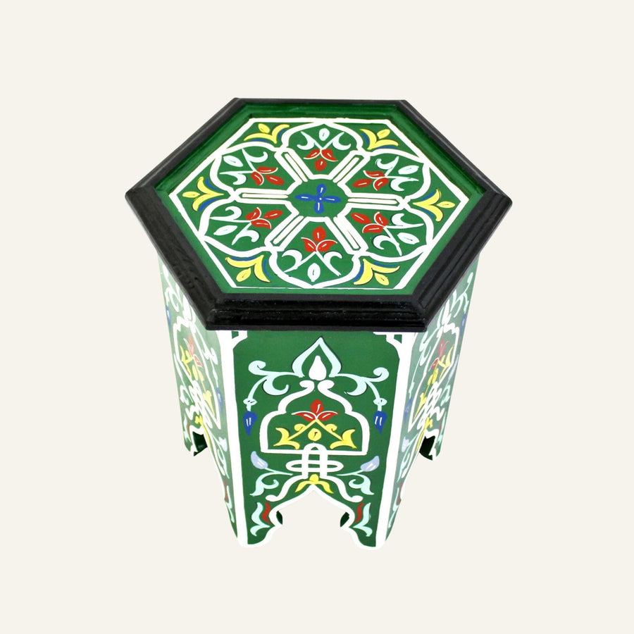 Hand-Painted Moroccan Side Table: Green Round Wood Accent Table